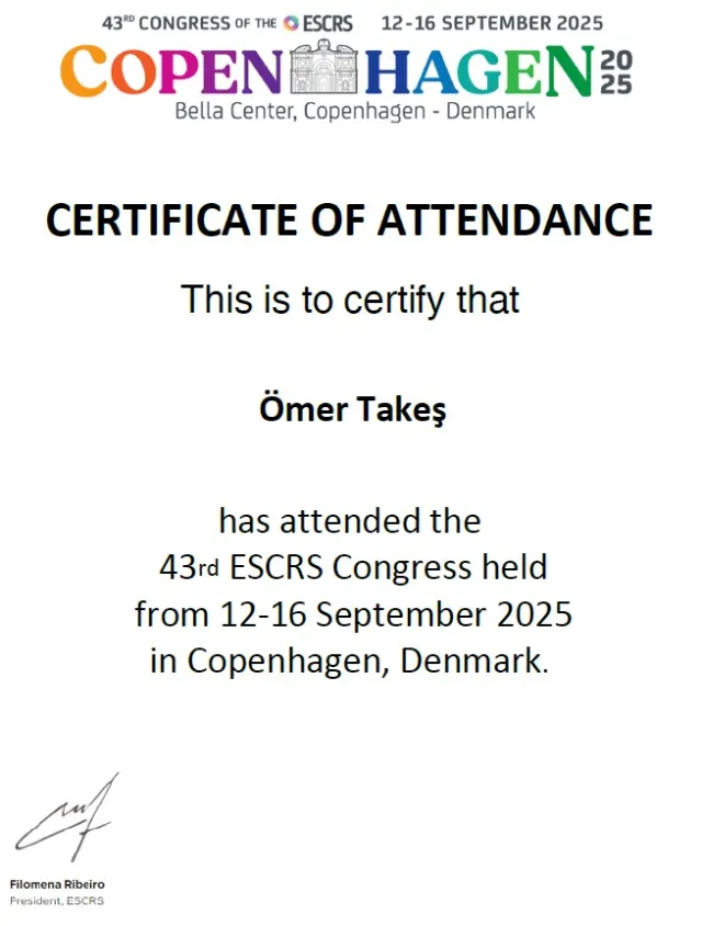 Zertifikat von Op. Dr. Ömer Takeş – 43. ESCRS-Kongress · Teilnahmebescheinigung