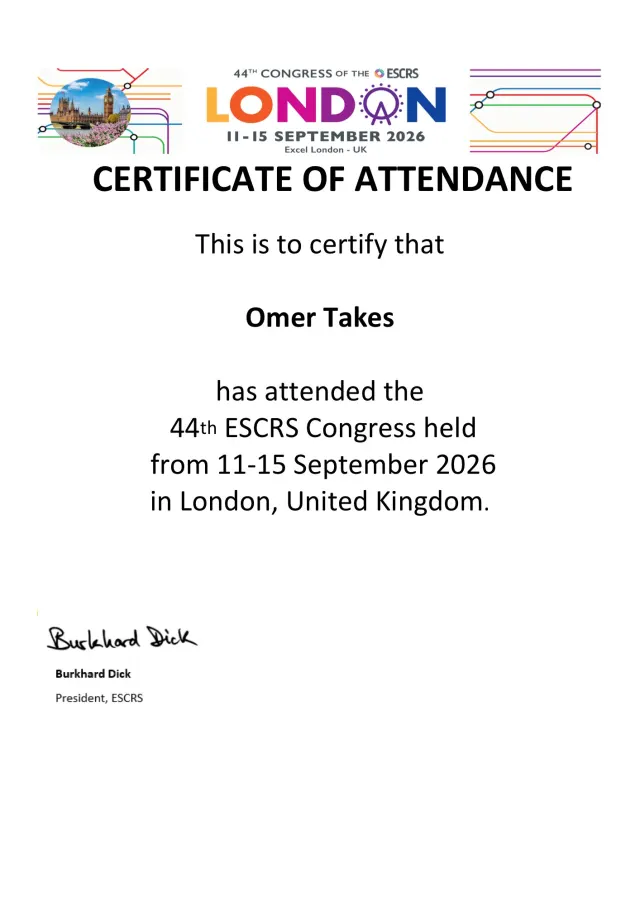 Certificate of Op. Dr. Ömer Takeş – 44th ESCRS Congress · Certificate of Attendance