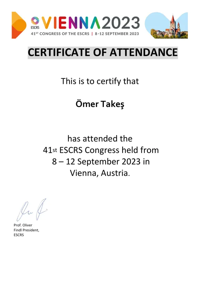Zertifikat von Op. Dr. Ömer Takeş – 41. ESCRS-Kongress · Teilnahmebescheinigung