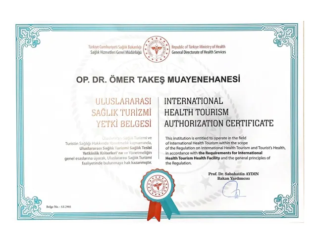 Zertifikat von Op. Dr. Ömer Takeş – Zulassung für internationalen Gesundheitstourismus