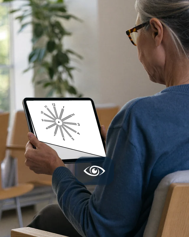 Gözlüklü bir kadın tablette astigmat kadranını inceliyor