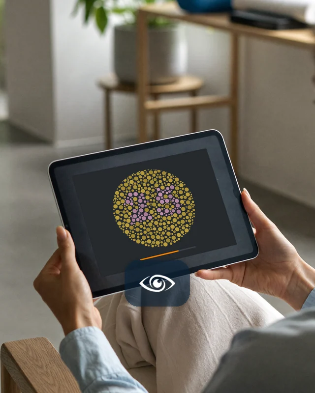 Bir kadın tablette Ishihara tipi renk körlüğü plakasına bakıyor